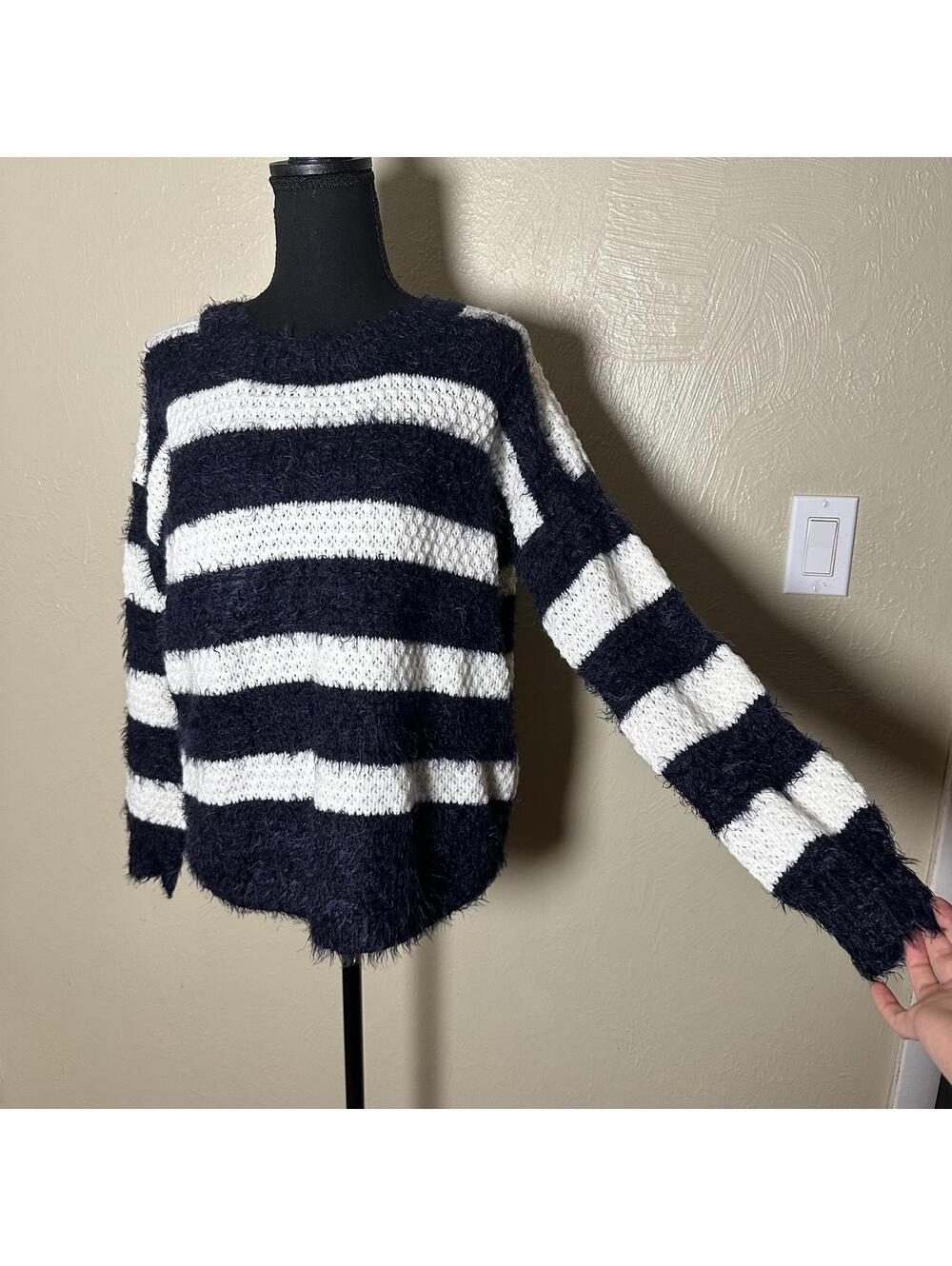 POL Fuzzy Striped Eyelash Knit Sweater Navy Ivory Boho Coastal Chic Fall Cozy